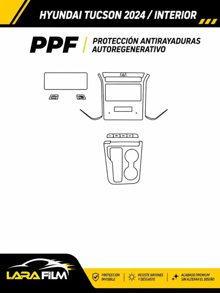 Plantilla PPF precortada interior para Hyundai Tucson 2024 con film autorregenerativo en Perú.