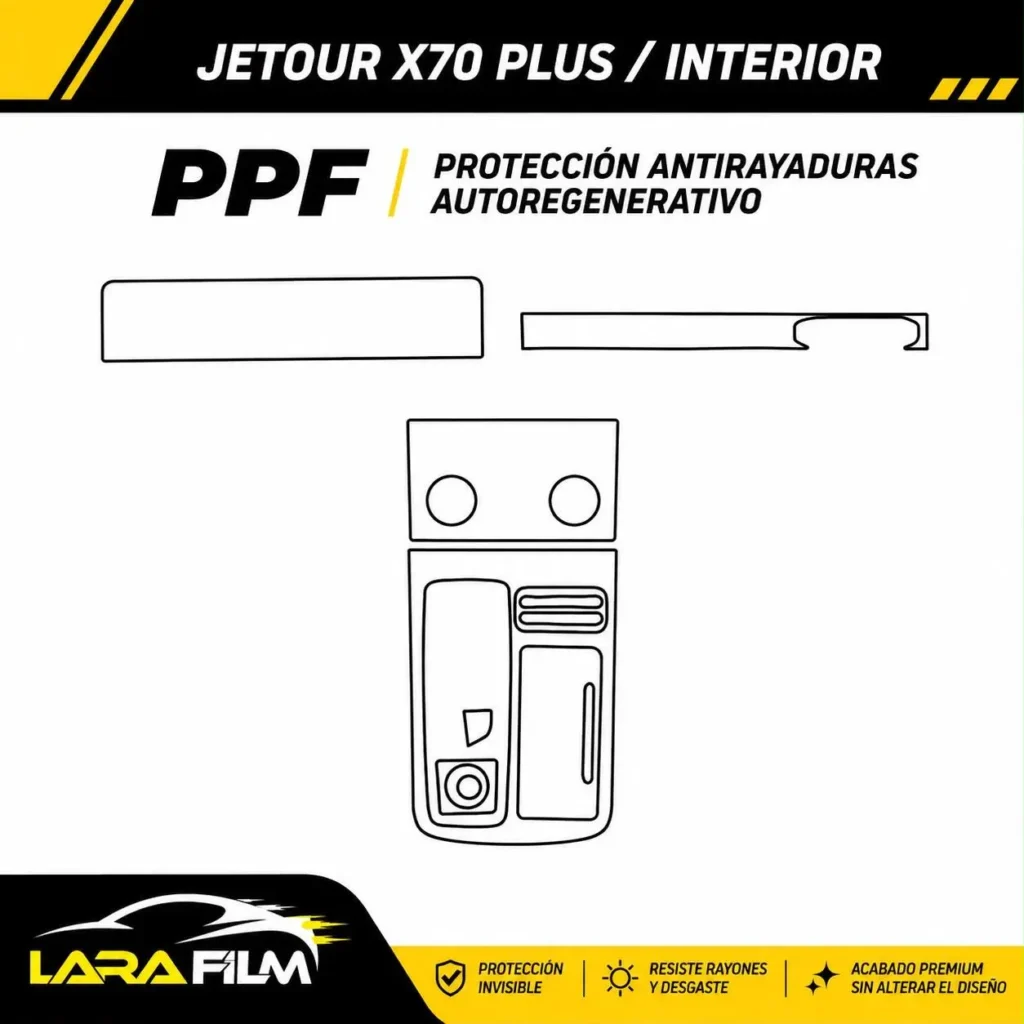 Plantilla PPF precortada para interior de Jetour X70 Plus con film autorregenerativo en Perú.