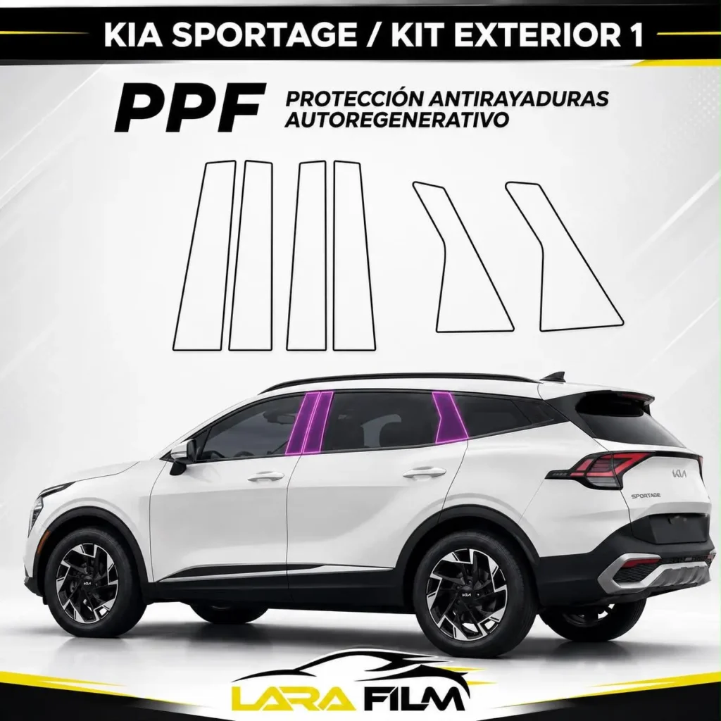 Plantilla PPF precortada para parantes de Kia Sportage con protección antirayaduras autorregenerativa.