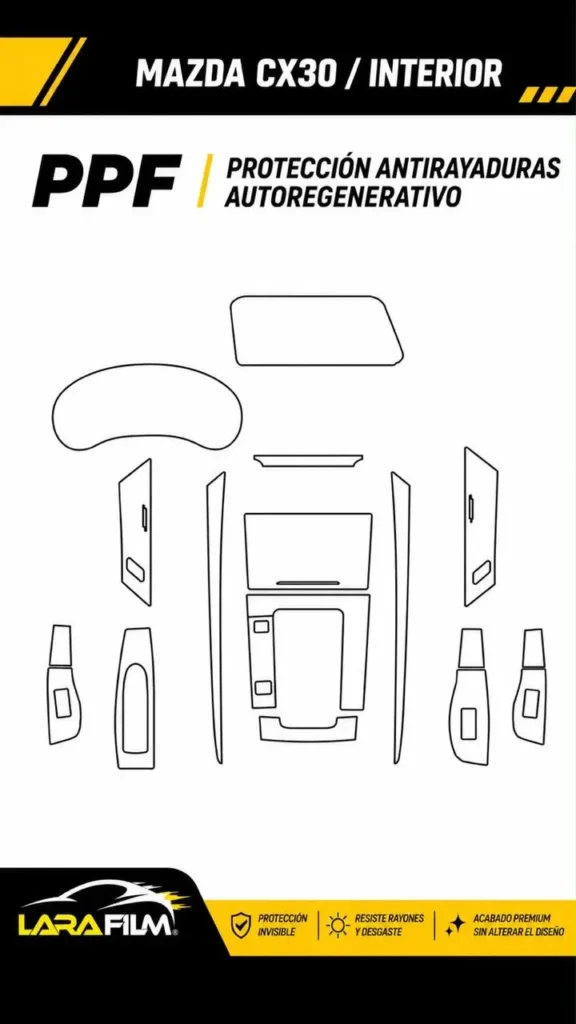 Plantilla PPF precortada interior para Mazda CX-30 con protección antirayaduras en Perú.