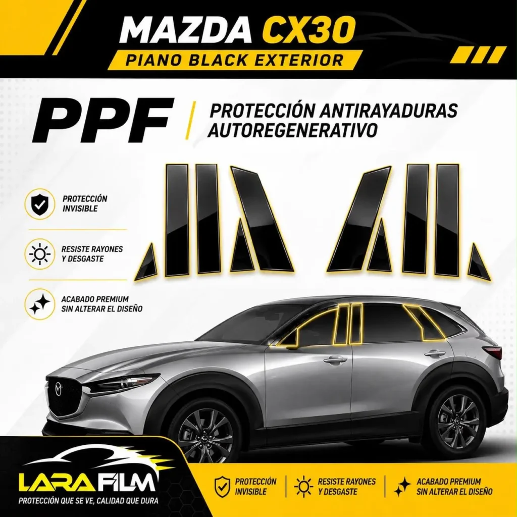 Plantilla PPF precortada exterior para parantes Mazda CX-30 piano black en Perú.