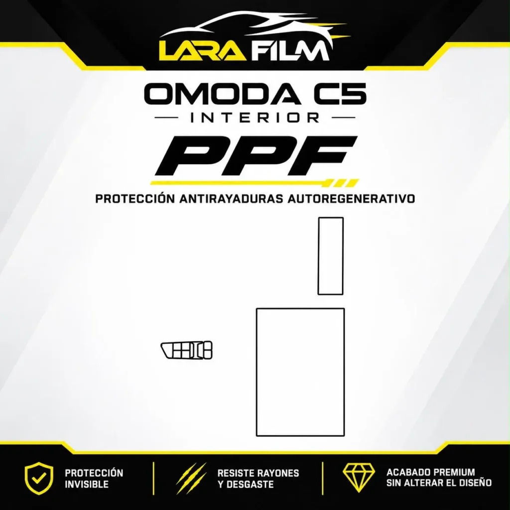 Plantilla PPF precortada para interior de Omoda C5 con película autorregenerativa en Perú.