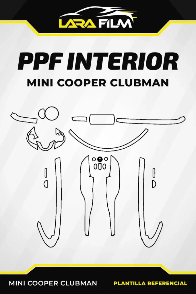 Plantilla PPF precortada para la consola central, pantalla, molduras del tablero y mandos de puertas de Mini Cooper Clubman.