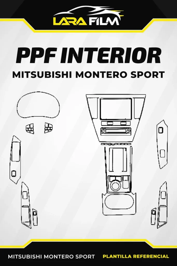 Plantilla PPF precortada para el interior de Mitsubishi Montero Sport con película autorregenerativa antirayaduras.